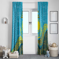 Blue and gold printed curtain set with decorative emblem and scrolling pattern