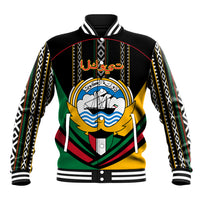 Unisex black baseball jacket with ribbed collar and striped sleeves, front emblem graphic