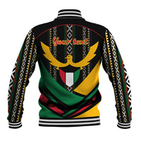 Unisex black baseball jacket with ribbed collar and striped sleeves, back gold emblem and text
