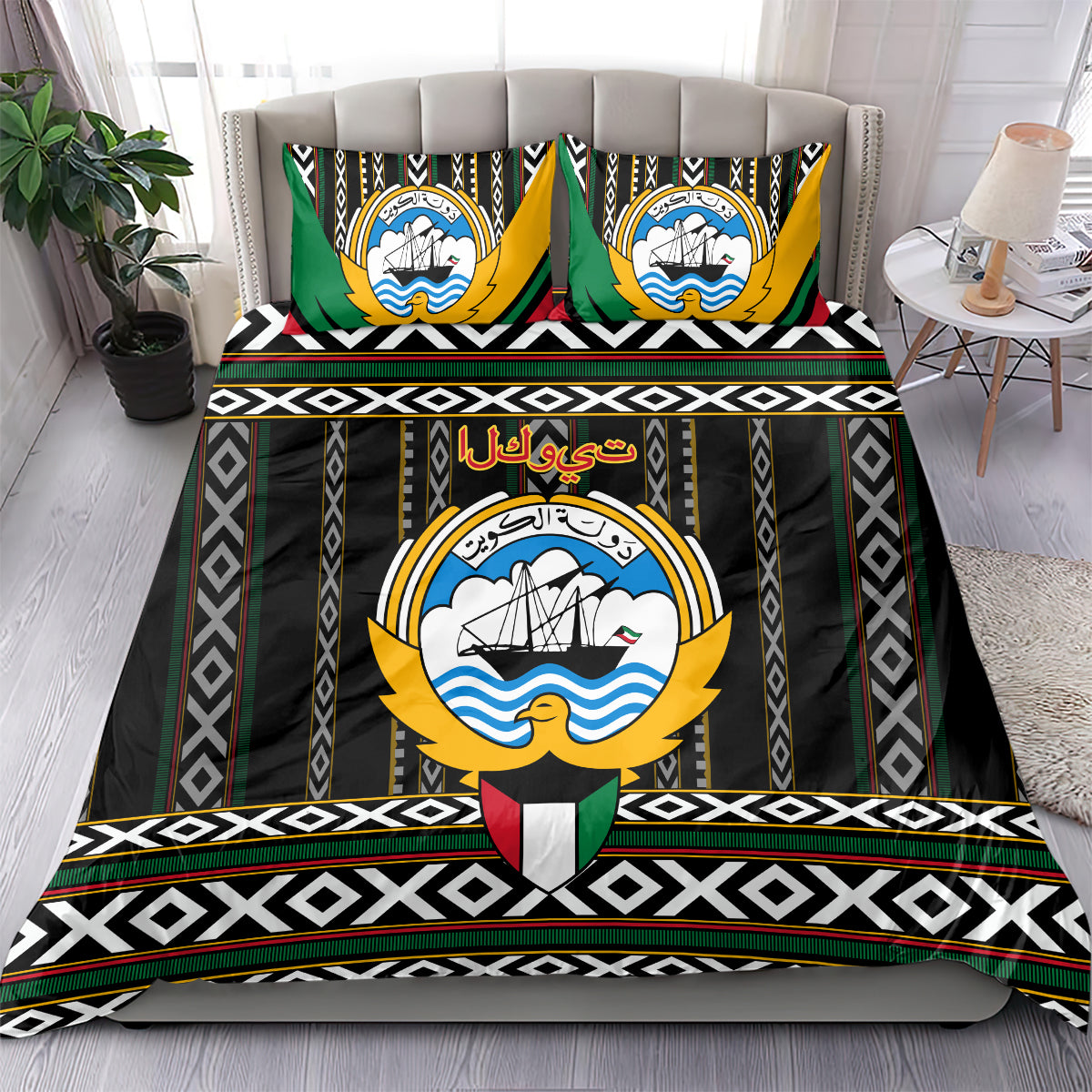 Black bedding set with two matching pillow covers, emblem panel, and geometric borders