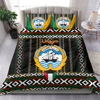 Black bedding set with two matching pillow covers, emblem panel, and geometric borders