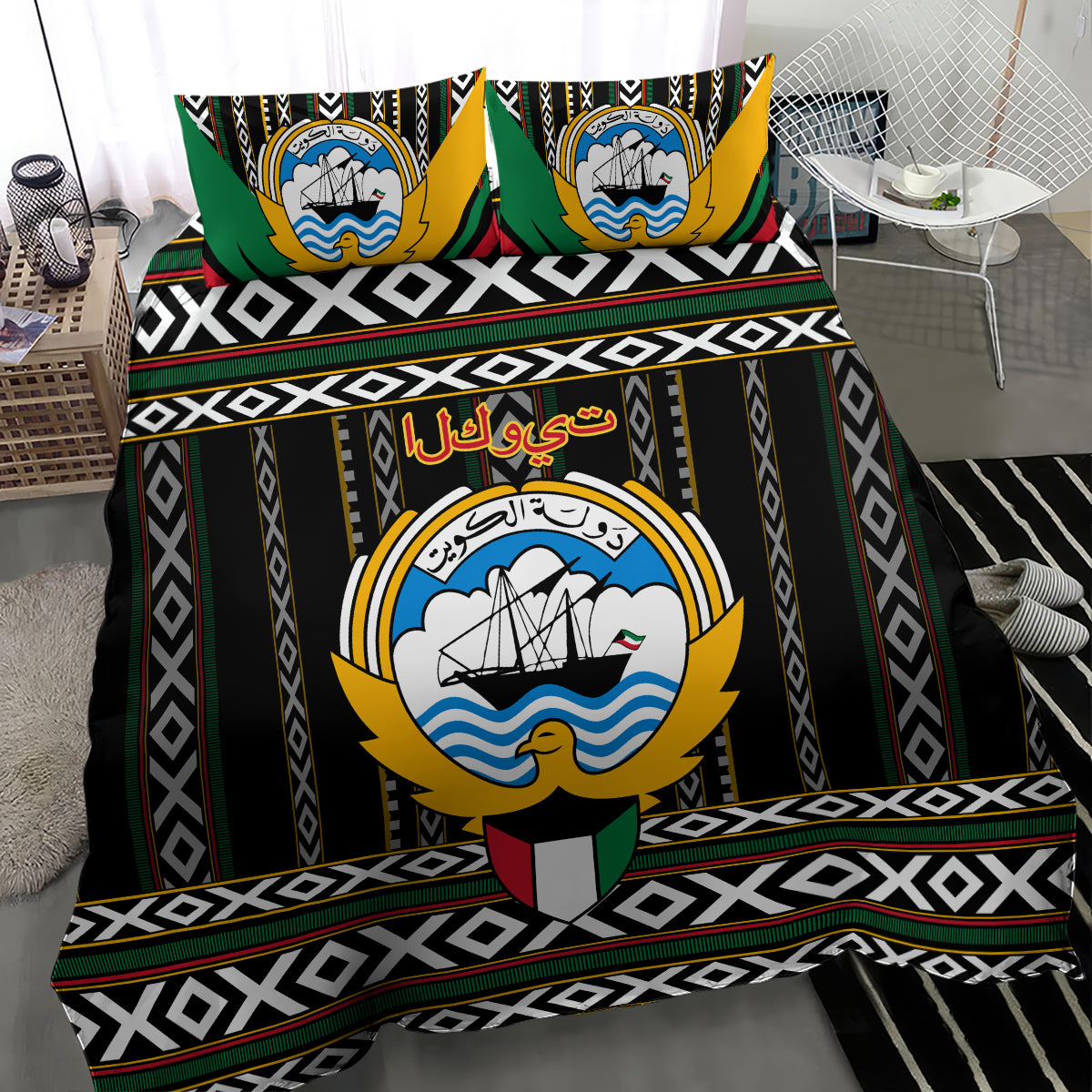 Black bedding set with large central emblem print, green trim, and repeating diamond stripes