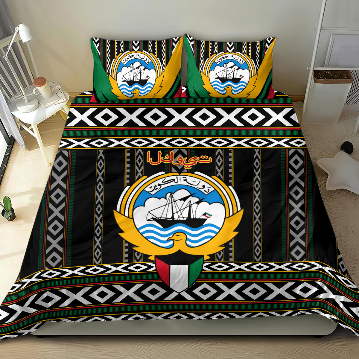Black bedding set with emblem panel, green and gold accents, and bold patterned stripes