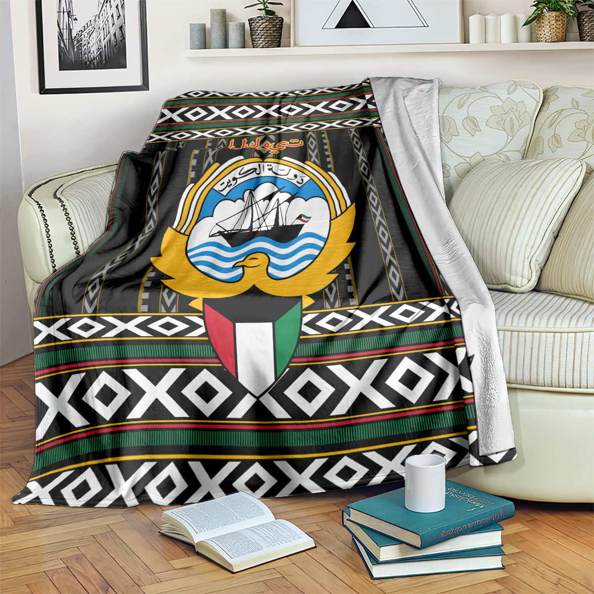 Black patterned personalized blanket with central emblem and geometric border stripes.