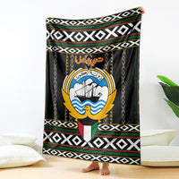 Black personalized throw blanket with large central emblem, red script, and geometric bands.