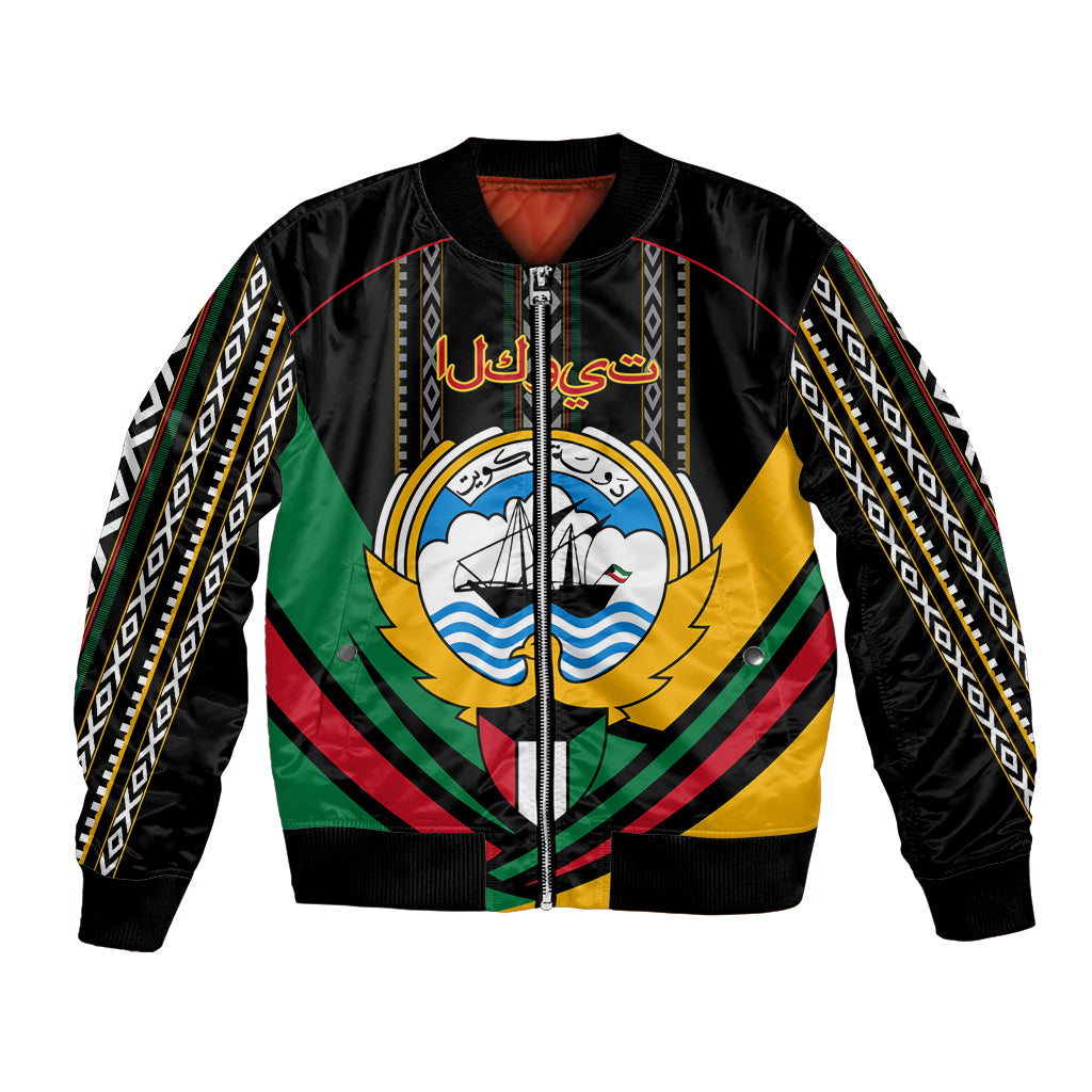 Unisex black bomber jacket with front zipper and colorful crest design with geometric trim