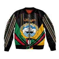 Unisex black bomber jacket with front zipper and colorful crest design with geometric trim