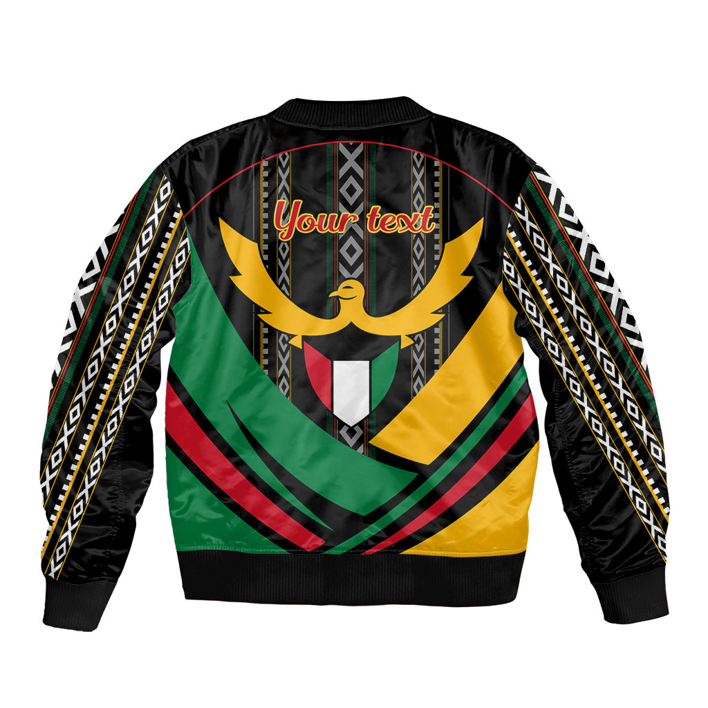 Unisex black bomber jacket back with Your text and Kuwait-inspired crest graphic
