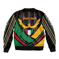 Unisex black bomber jacket back with Your text and Kuwait-inspired crest graphic