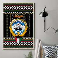 Personalized framed black canvas wall art with Al Sadu stripes and central emblem