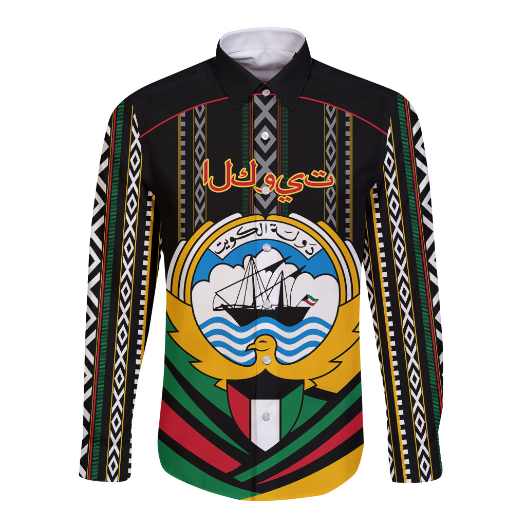 Black long-sleeve button shirt with printed crest graphic and vertical stripe pattern
