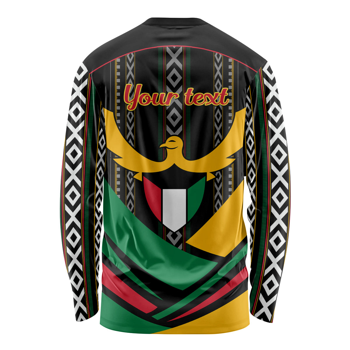 Unisex black long-sleeve shirt with back crest, bird emblem, and striped al Sadu pattern