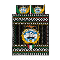 Personalized quilt set in black with Al Sadu borders, central emblem and 2 pillows