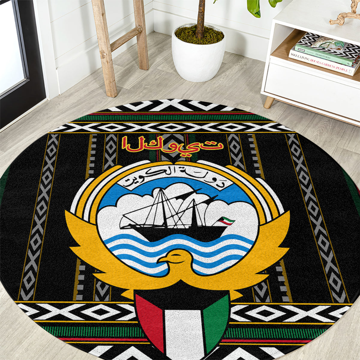 Round black carpet with ship-and-waves emblem and Arabic script centerpiece