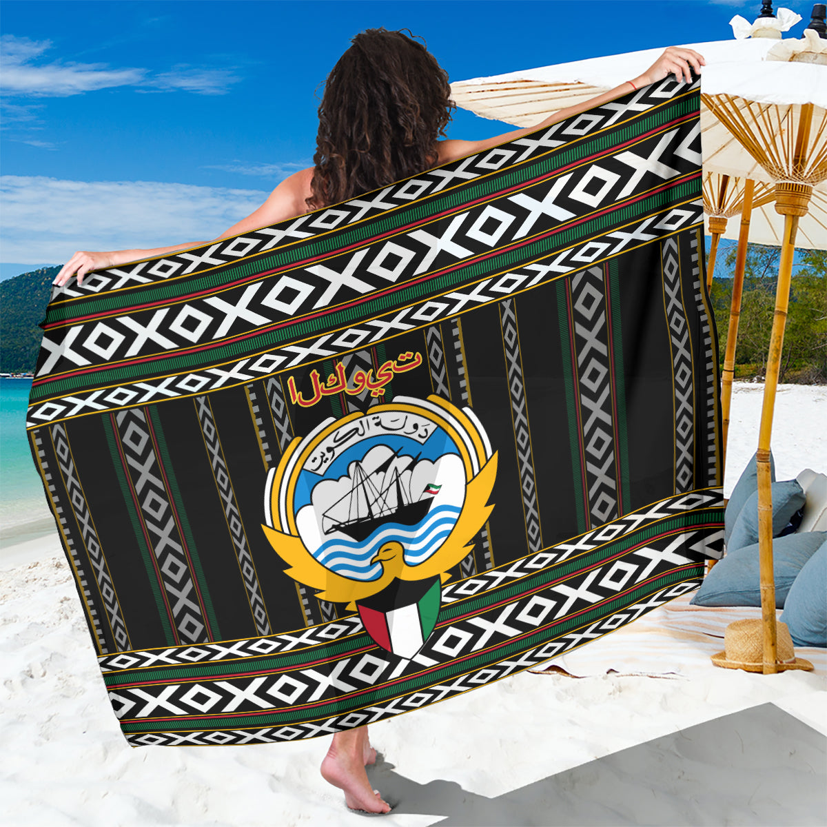 Kuwait Hawk of Quraish With Al Sadu Pattern Personalized Sarong - Wonder Print Shop