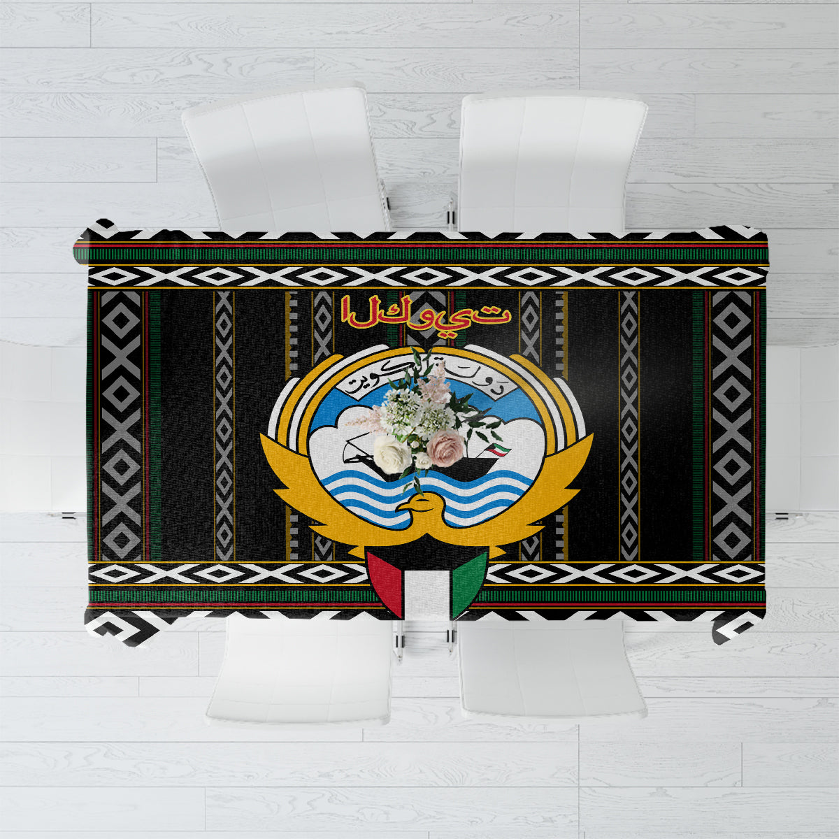 Black tablecloth with geometric diamonds border and central hawk crest design