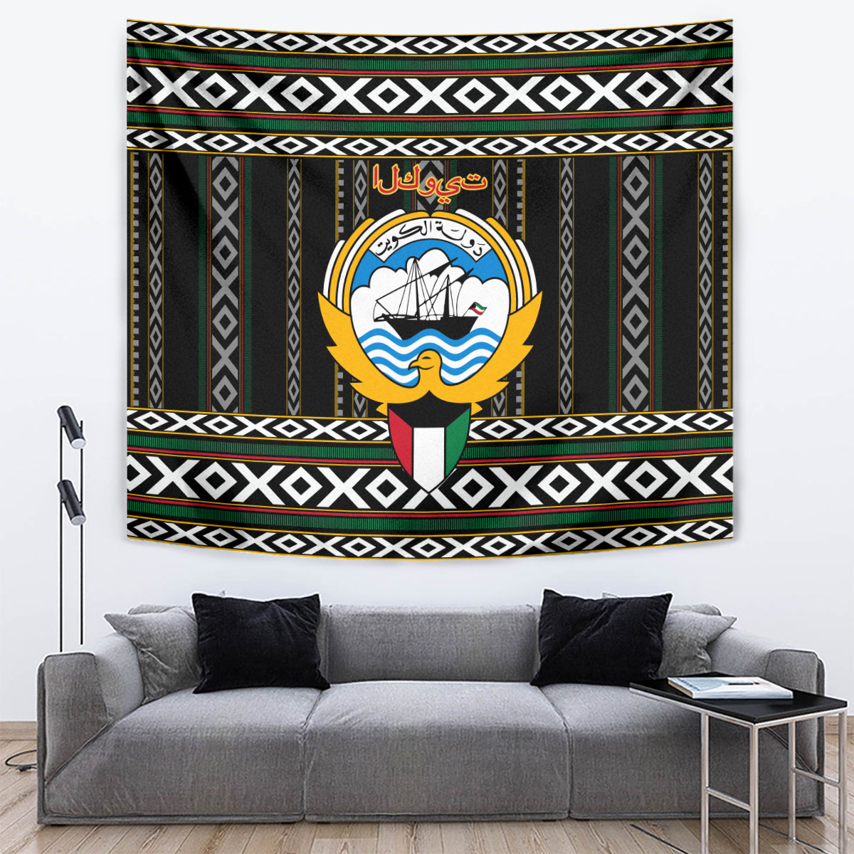 Personalized black-and-white Al Sadu patterned tapestry with central gold bird emblem