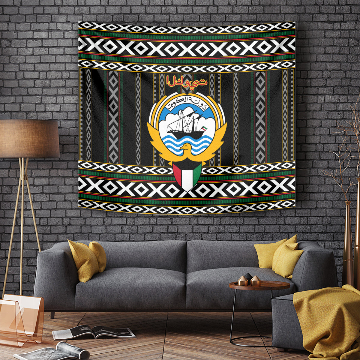 Personalized Al Sadu tapestry with geometric borders and central circular crest graphic