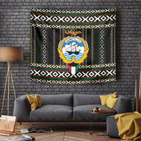Personalized Al Sadu tapestry with geometric borders and central circular crest graphic