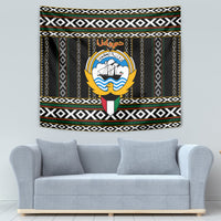 Personalized black-and-white Al Sadu tapestry with central gold emblem and striped border