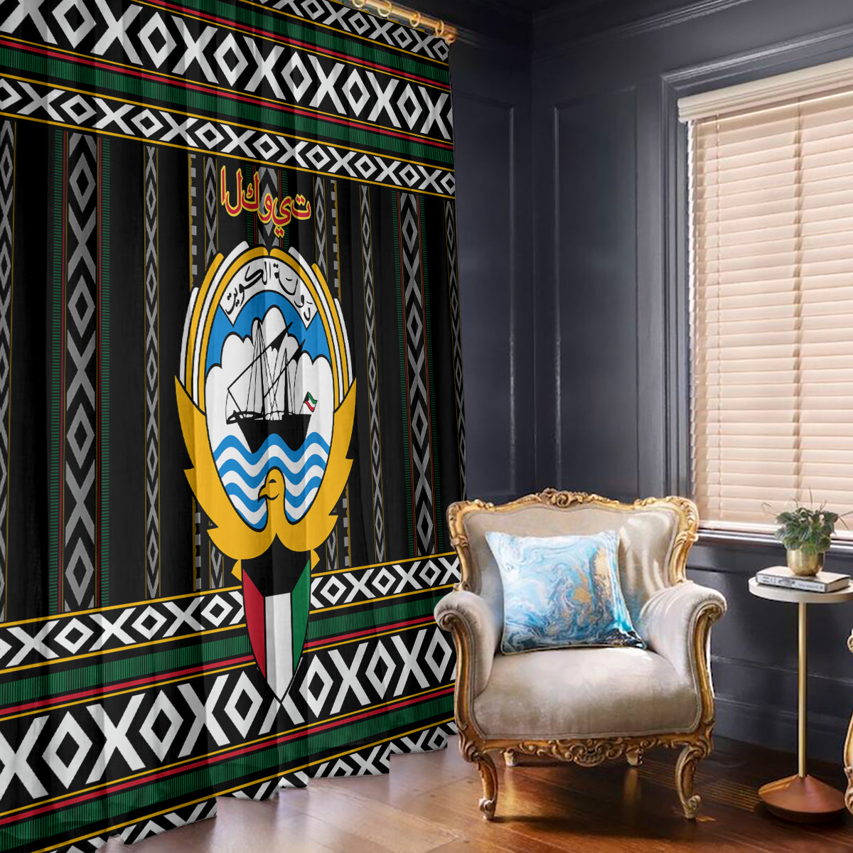 Black window curtain panels with patterned border and large hawk-style emblem print.