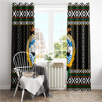 Black curtains pair with Al Sadu-style borders and central emblem panels.
