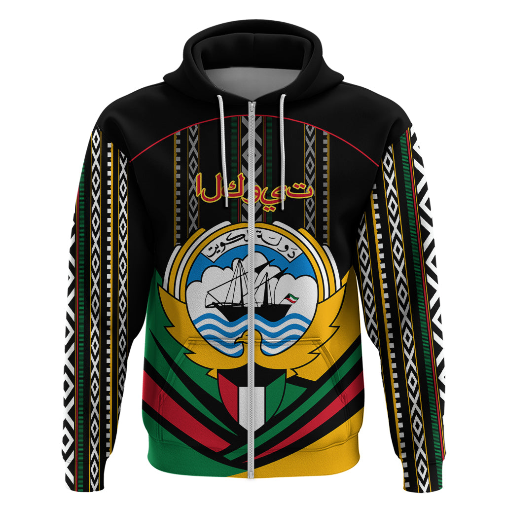 Black zip hoodie with colorful eagle crest, Arabic lettering on chest and sleeves.
