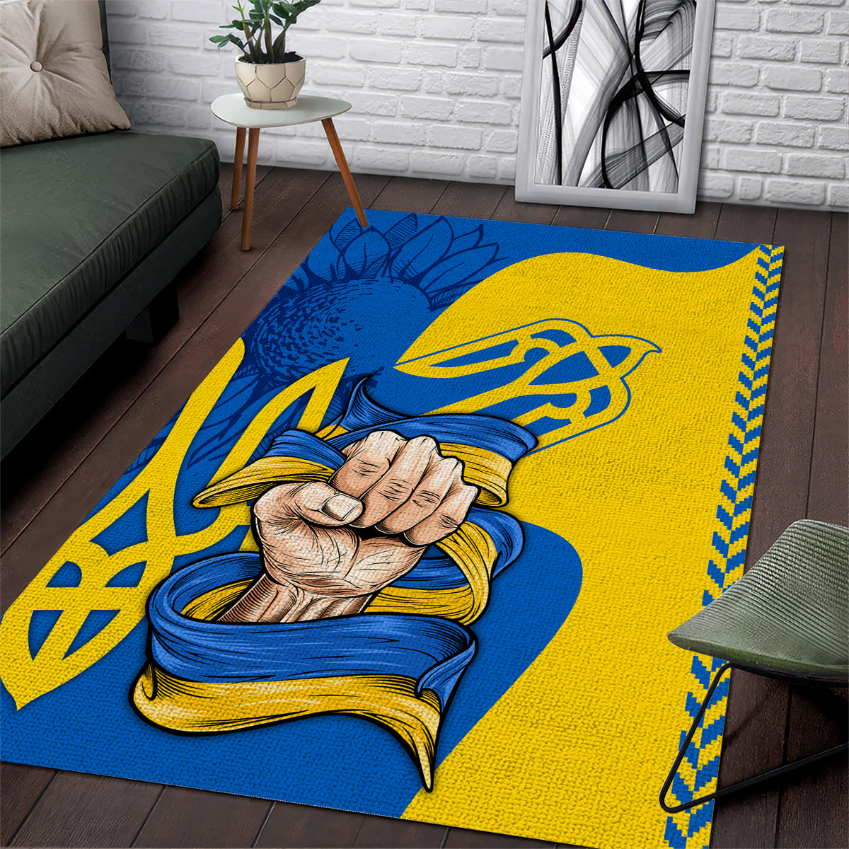 Blue and gold folk Unity design area rug with hands, ribbon, and trident-like motifs