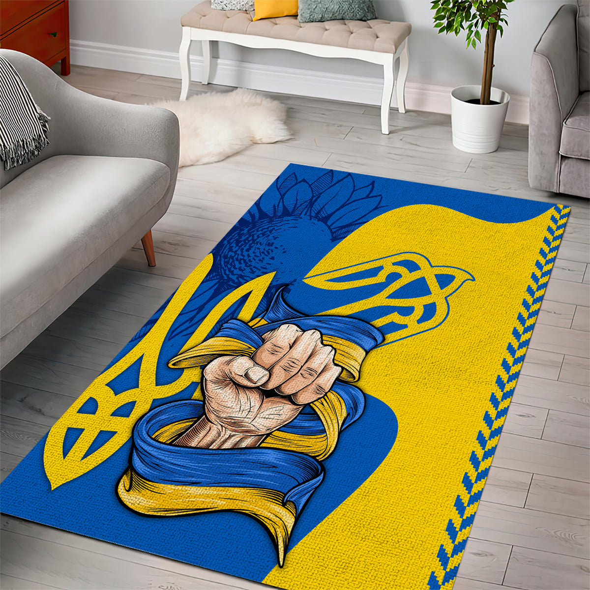 Blue and gold folk Unity area rug featuring clasped hands, ribbon curves, and knot pattern