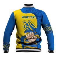 Color-block baseball jacket blue and yellow with striped collar, back graphic and fist emblem