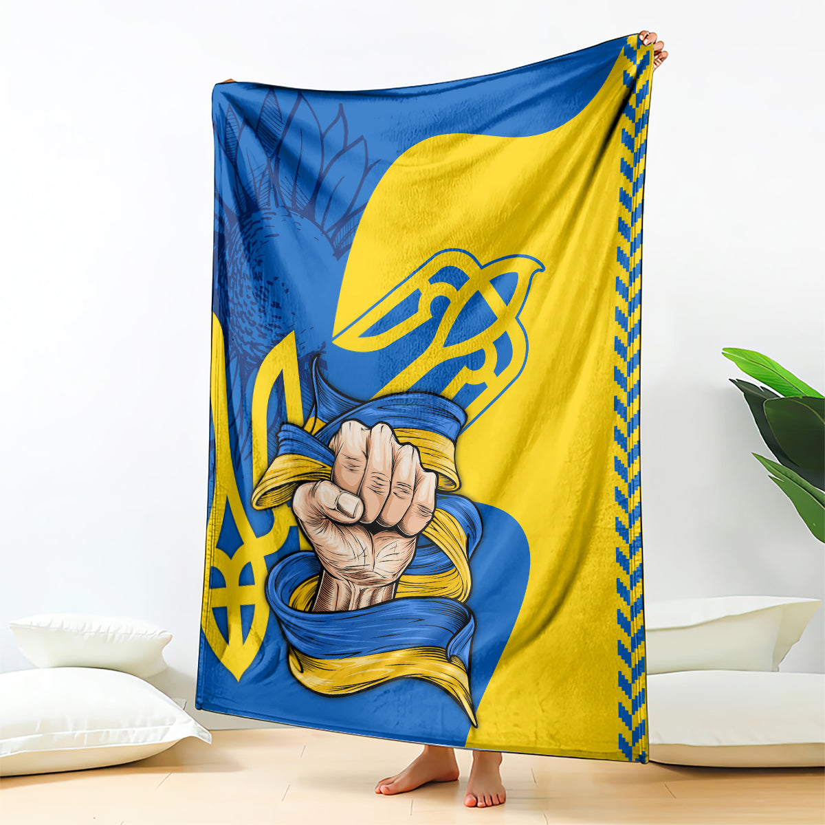 Blue and yellow blanket with trident emblem and clasped hands print