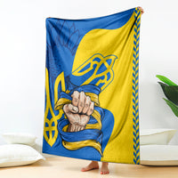 Blue and yellow blanket with trident emblem and clasped hands print