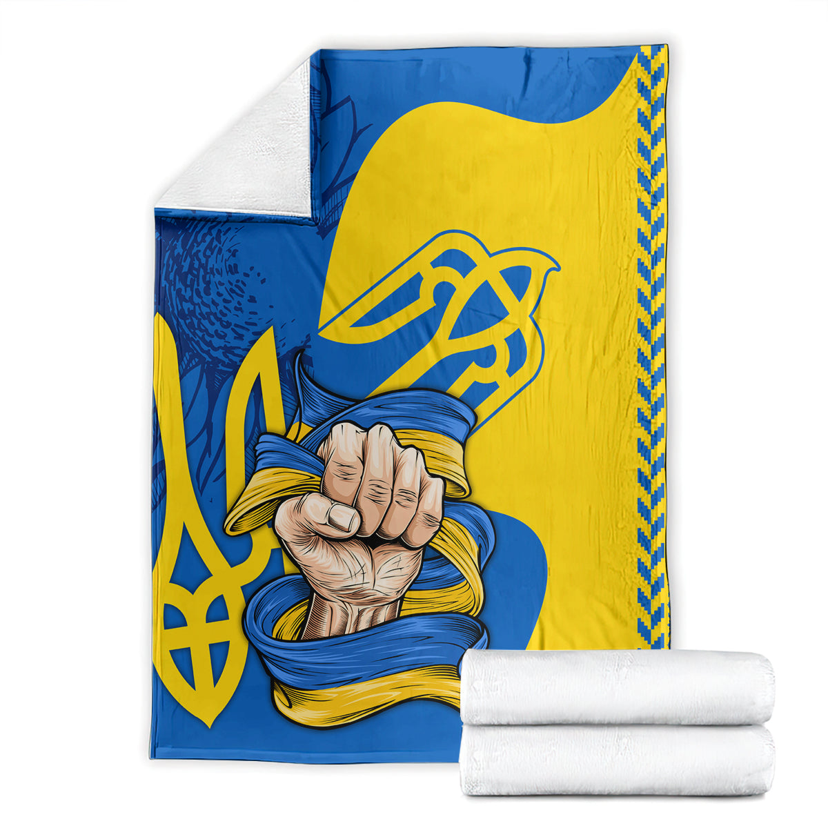 Folded blue and yellow blanket with trident emblem, clasped hands, and rope border