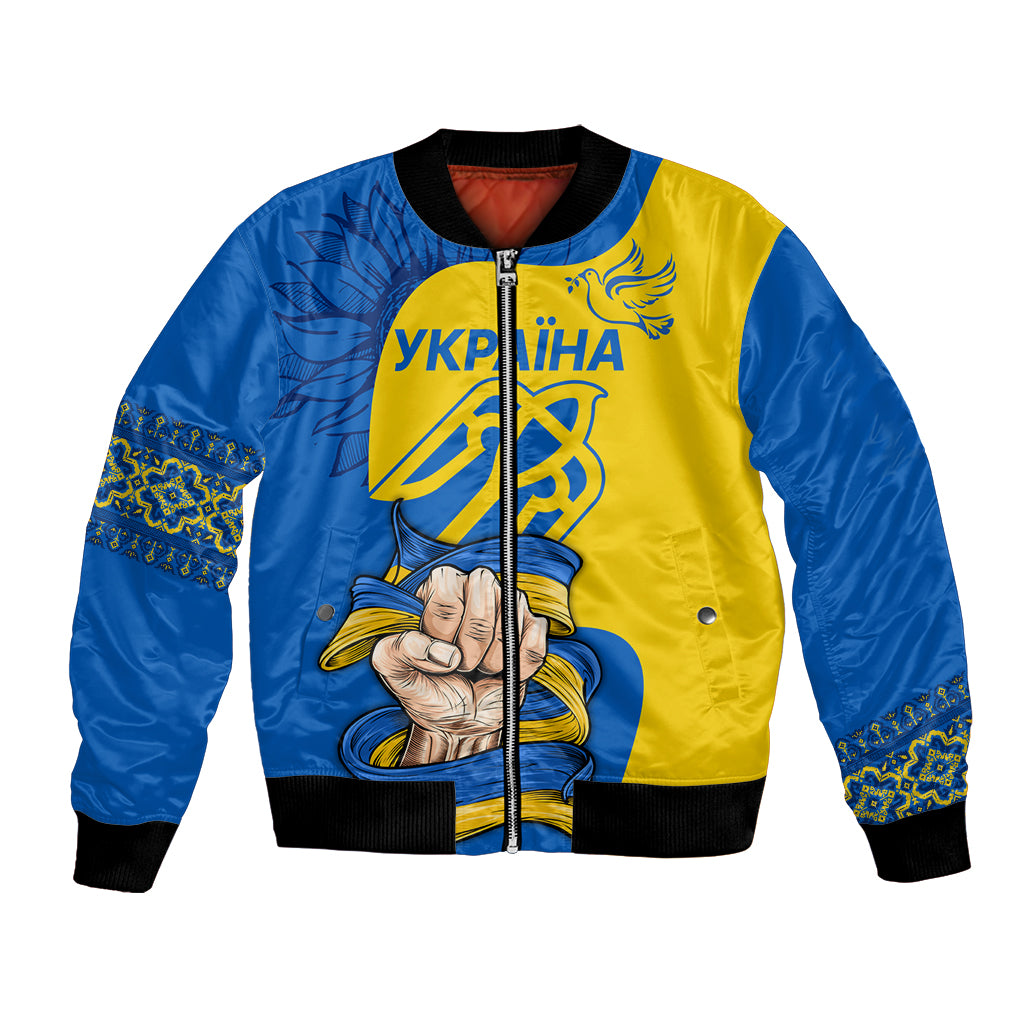 Unisex bomber jacket in blue and yellow with front zip and Unity graphic