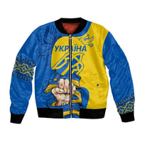Unisex bomber jacket in blue and yellow with front zip and Unity graphic