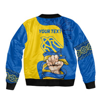 Unisex bomber jacket blue and yellow, back print with 'YOUR TEXT' and emblem