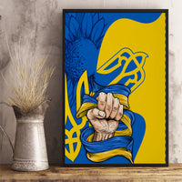 Framed canvas wall art with blue and yellow clenched hands and trident emblem