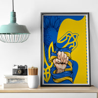 Framed canvas wall art in gray with blue and yellow clenched hands and trident emblem