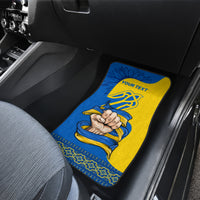 Car floor mat in blue and gold folk design with custom text area, for front seat