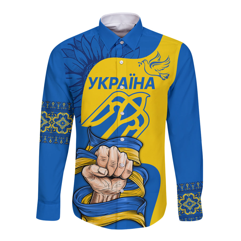 Long sleeve button shirt with blue-and-gold folk graphic and standing collar