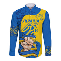 Long sleeve button shirt with blue-and-gold folk graphic and standing collar