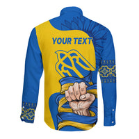 Long sleeve button shirt back with blue-and-gold graphic and 'YOUR TEXT' print