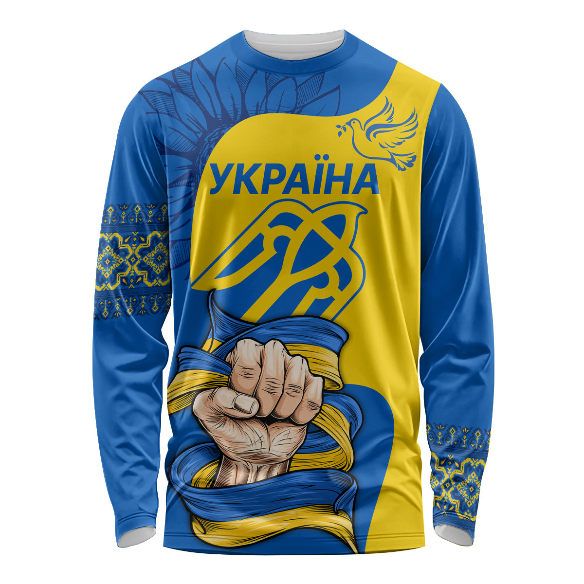 Unisex long-sleeve shirt in blue and yellow with bold Ukrainian trident graphic and text