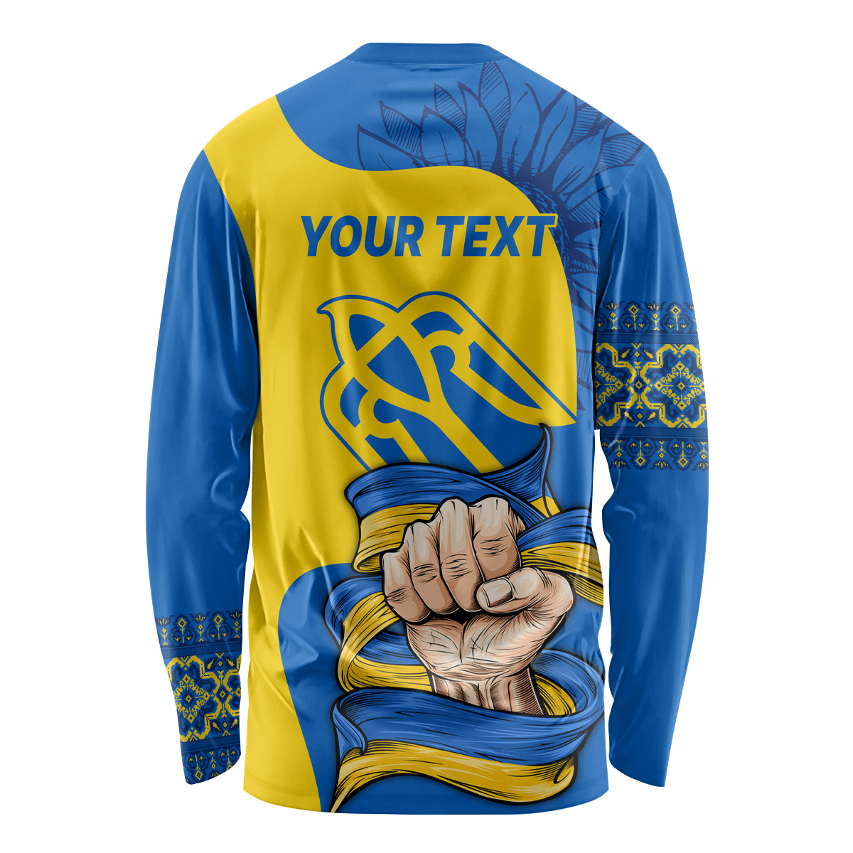 Unisex long-sleeve shirt with blue-and-yellow back print, YOUR TEXT and trident