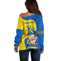 Women’s off-shoulder sweater with blue and yellow back graphic, 'YOUR TEXT', long sleeves