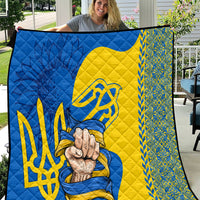 Personalized quilt with blue and yellow Ukrainian flag design, trident, and clasped hands print