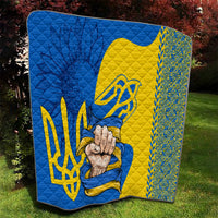 Ukrainian flag themed personalized quilt, blue and yellow with trident emblem and clasped hands