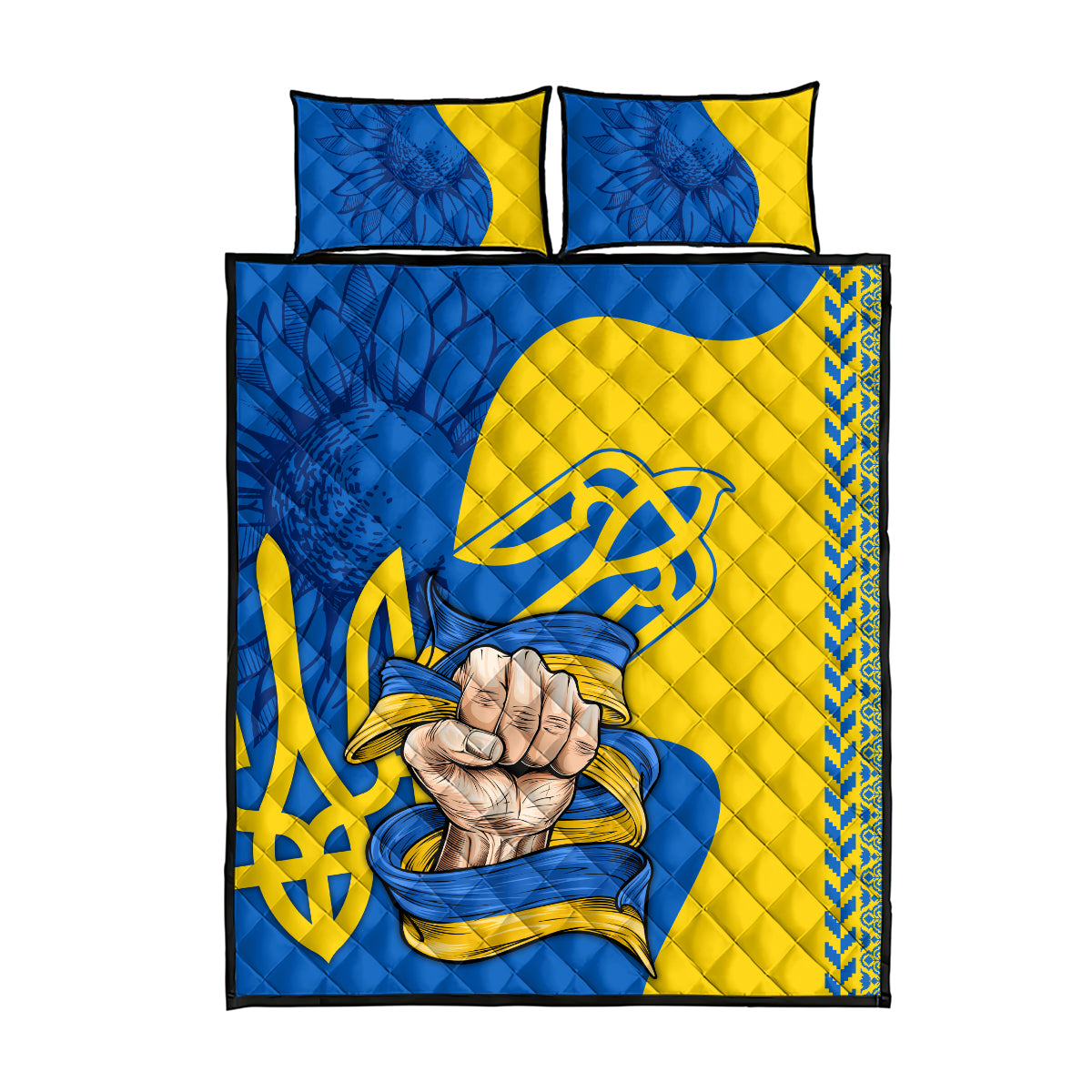 Blue and gold personalized quilt bed set with two square pillows and quilt