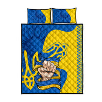 Blue and gold personalized quilt bed set with two square pillows and quilt