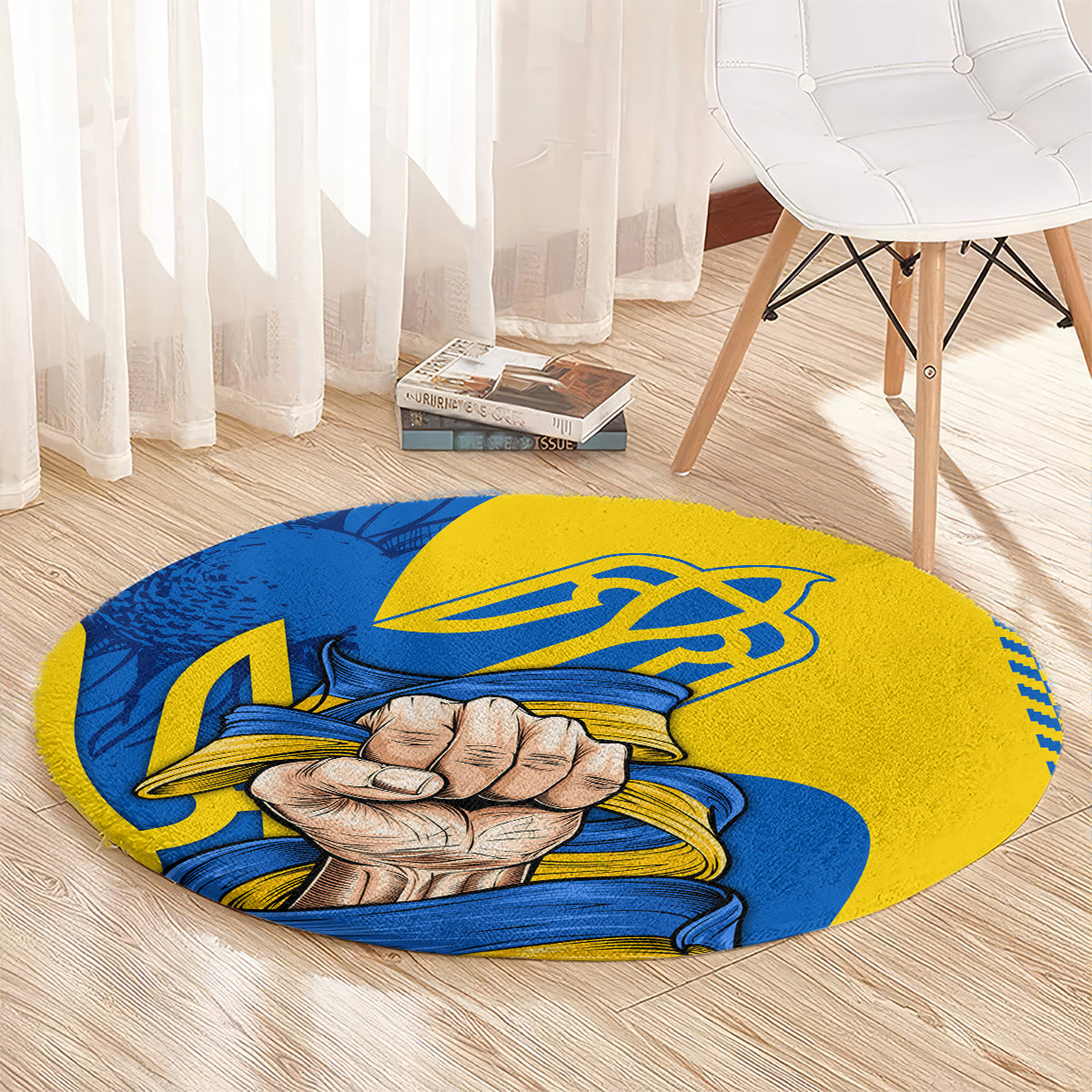 Round yellow and blue printed rug featuring clenched fist and trident emblem